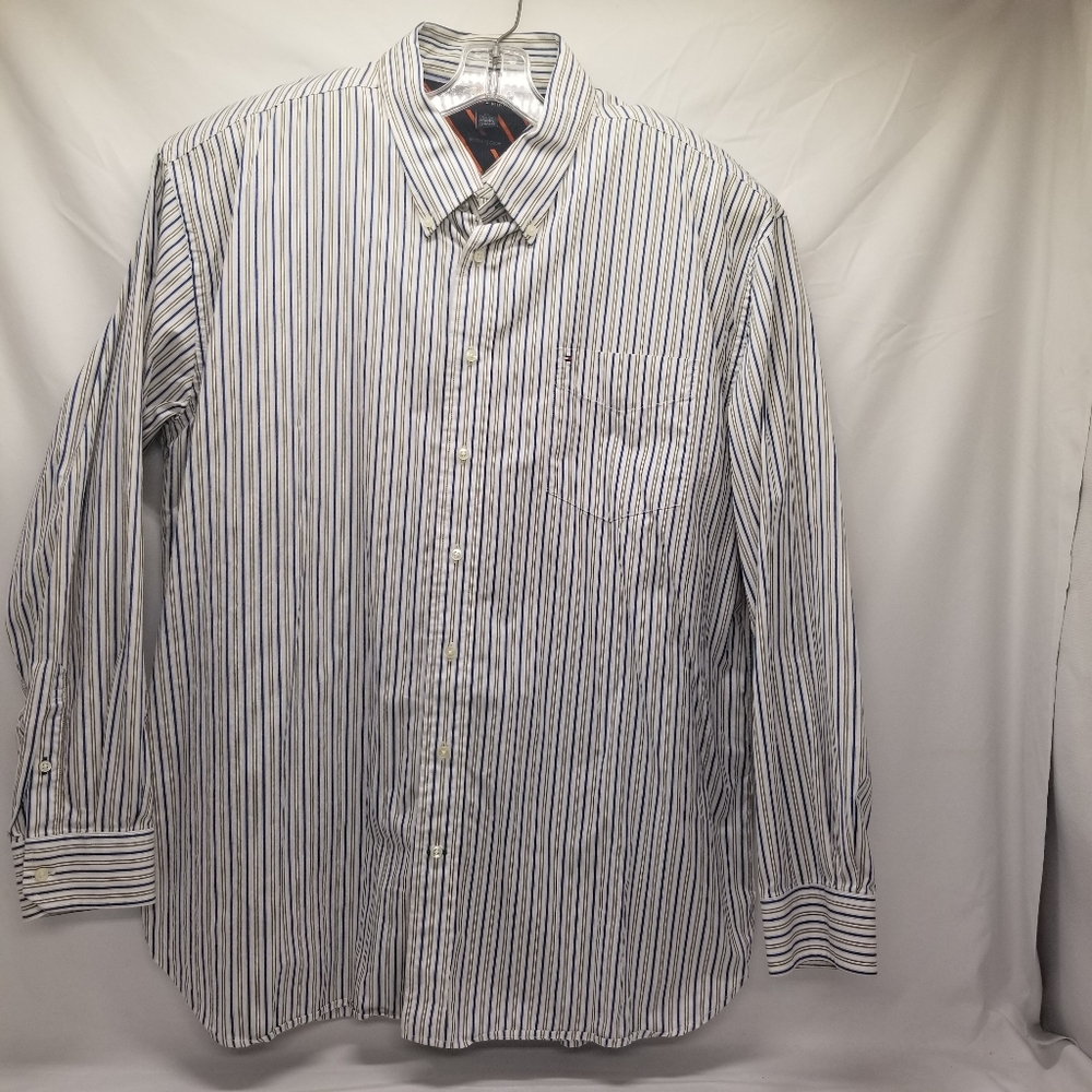 Tommy Hilfiger Men Size XXL 80's 2 Ply Cotton White Blue Tan Striped Long Sleeve